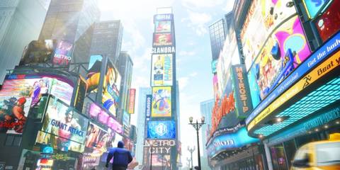 Metro City skyline filled with vibrant billboards in Street Fighter 6