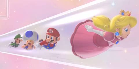 Luigi, Blue Toad, Mario, and Peach traveling through a warp pipe in Super Mario 3D World