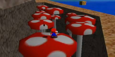 Mario on the mushroom trees of Tall, Tall Mountain in Super Mario 64