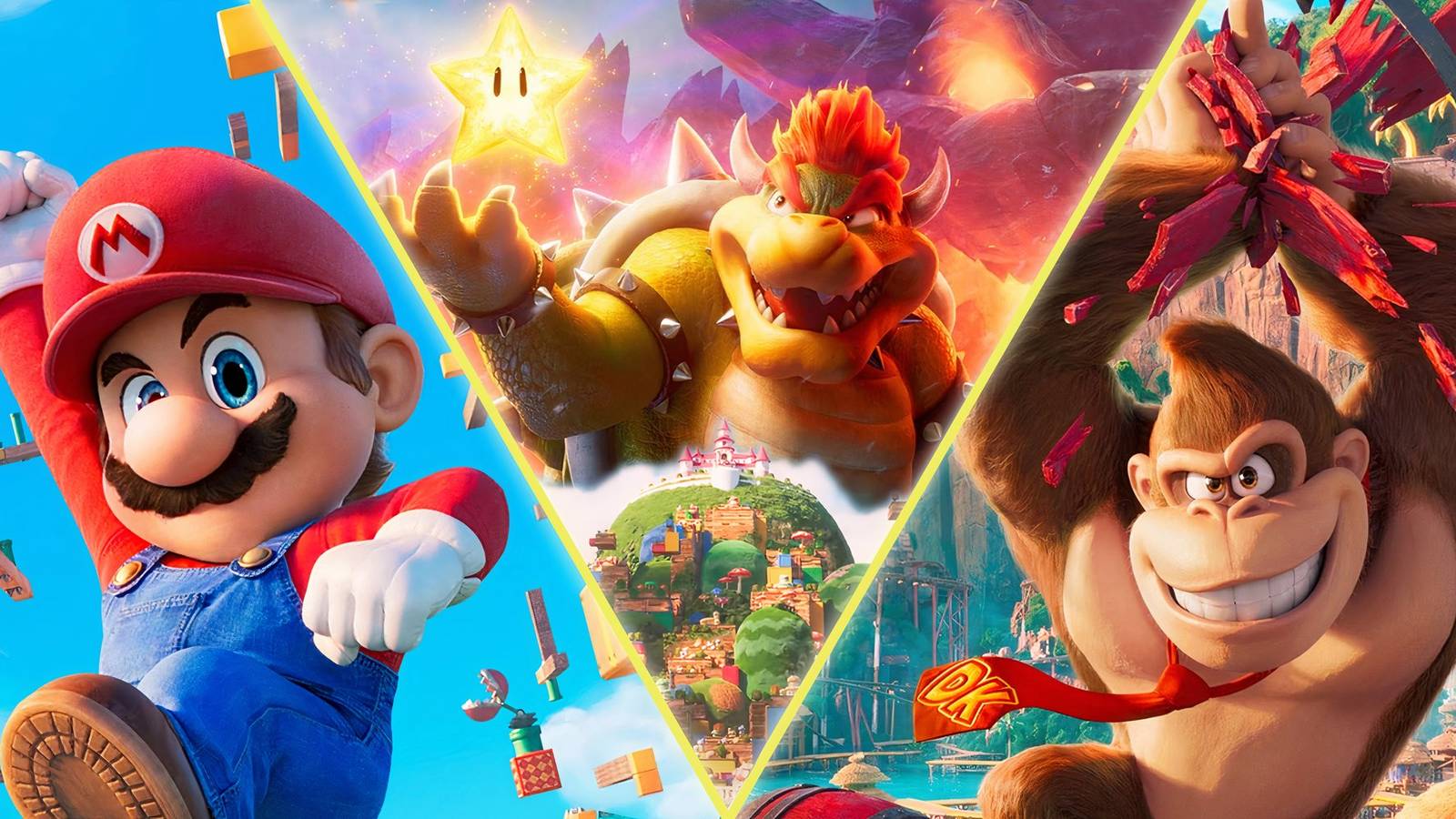 Mario, Donkey Kong and Bowser facing the Super Mario Bros Movie 2 Deep Cuts