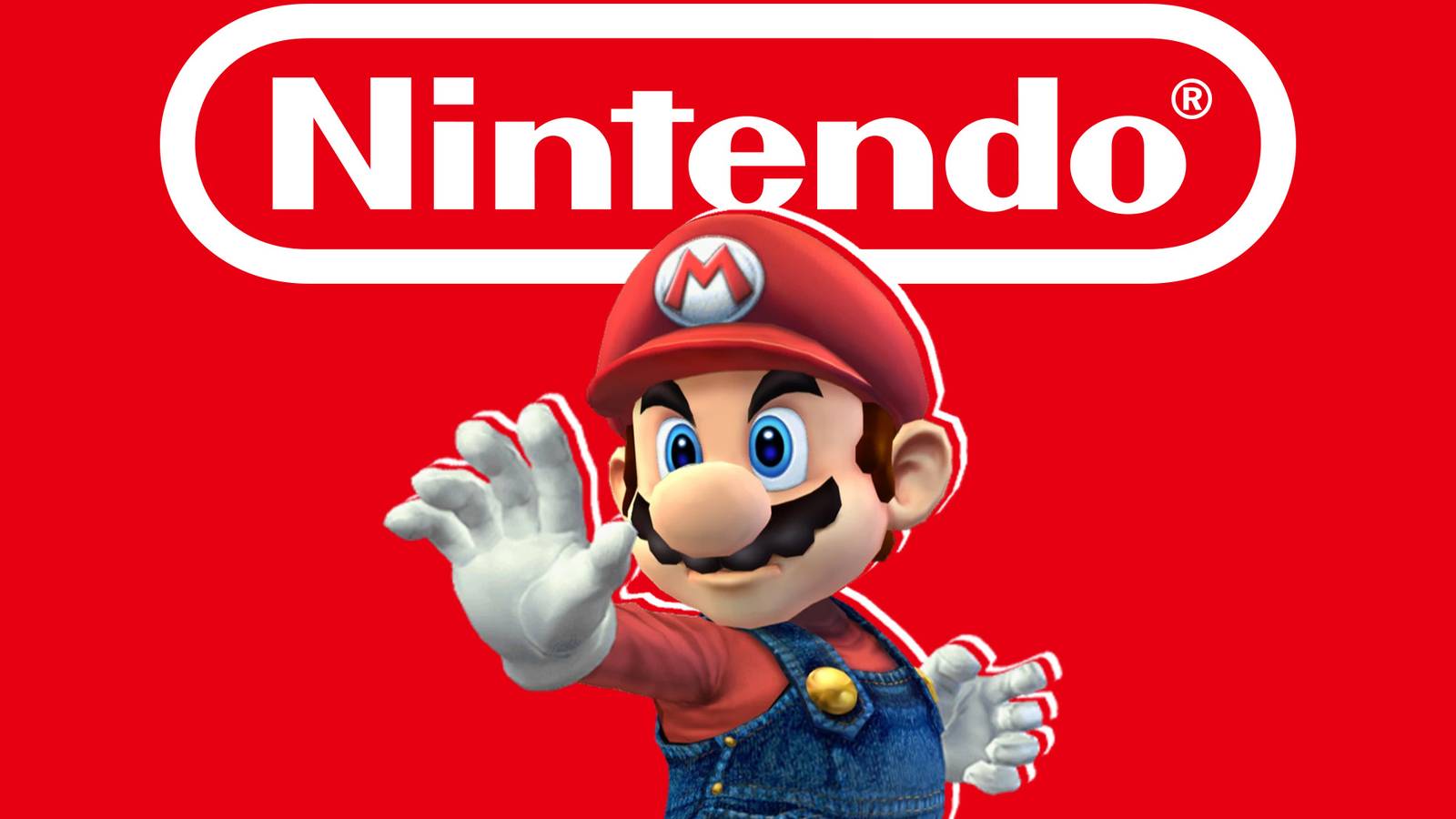 Super Mario combat-ready pose below Nintendo logo on red background 2x1 composite