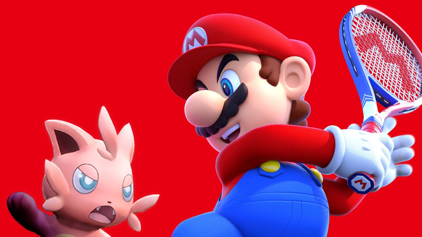 Super Mario versus Cattiva Pal from Palworld on red background 2x1 composite