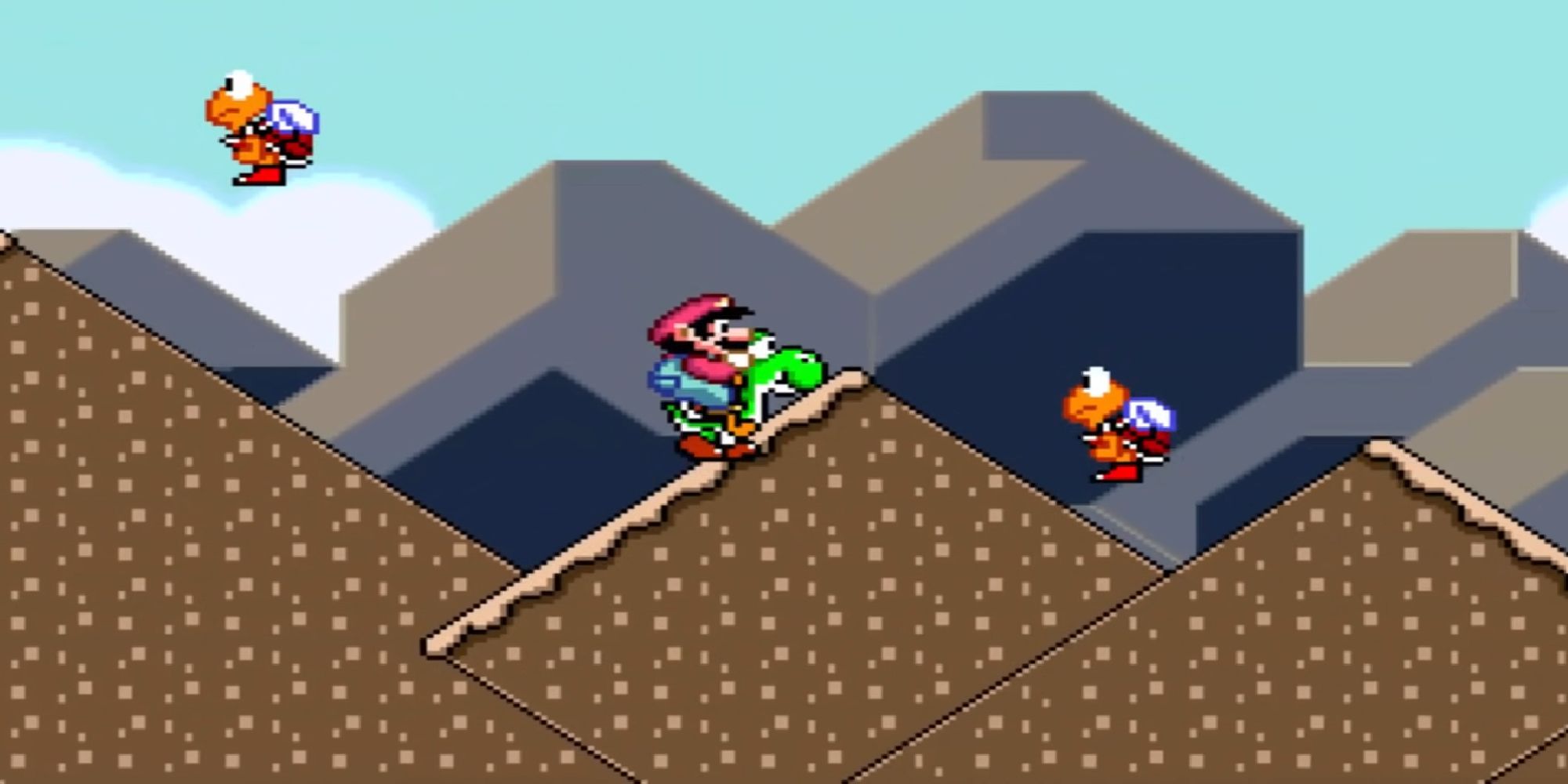 Mario riding Yoshi in gameplay in Super Mario World