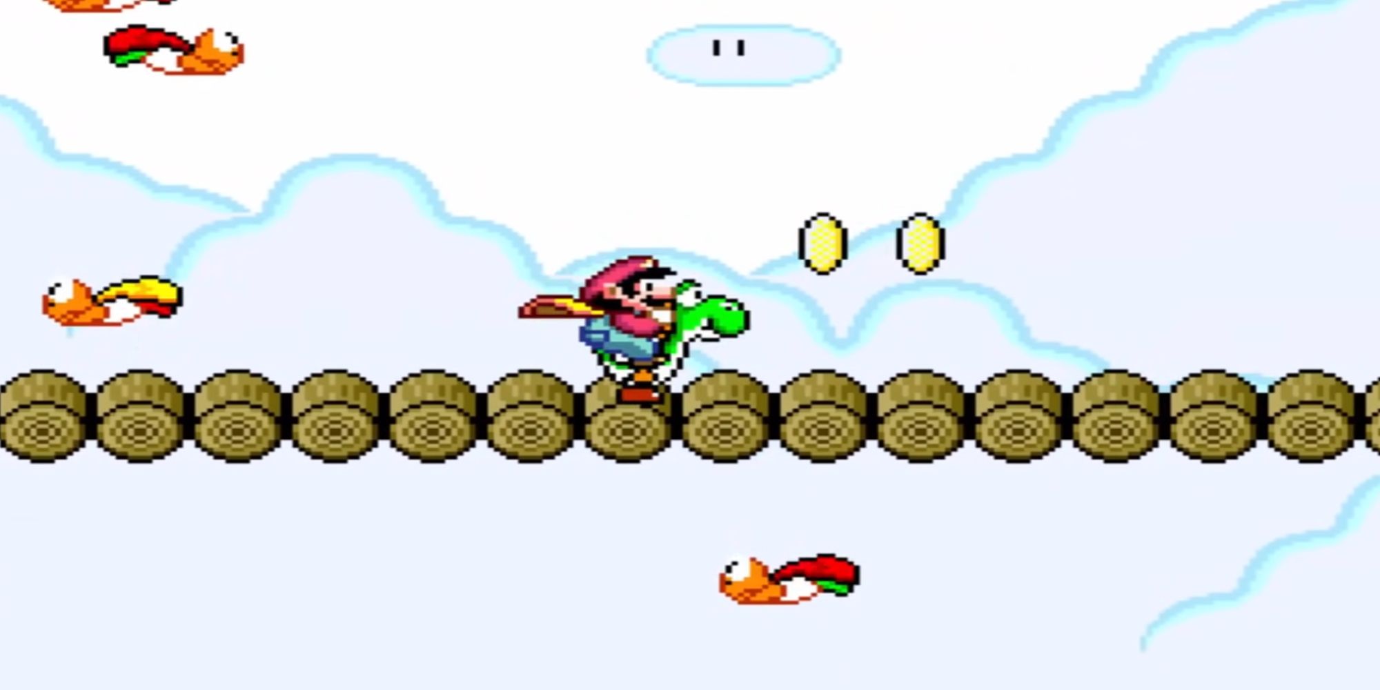 Mario riding Yoshi in gameplay in Super Mario World