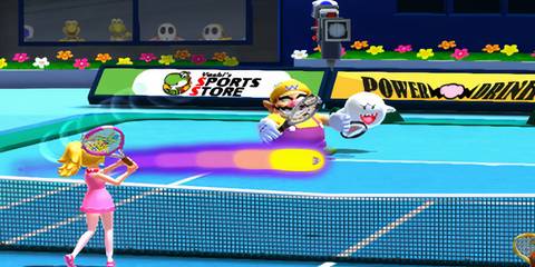 peach taking on wario in tennis