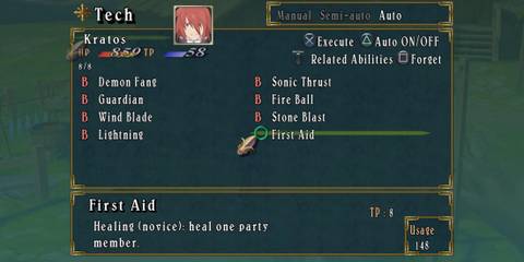Tales of Symphonia First Aid in menu