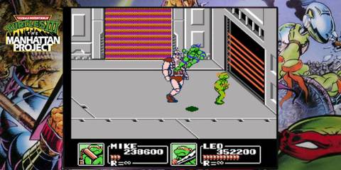 Leondardo and Michelangelo fighting Krang in Teenage Mutant Ninja Turtles: The Cowabunga Collection