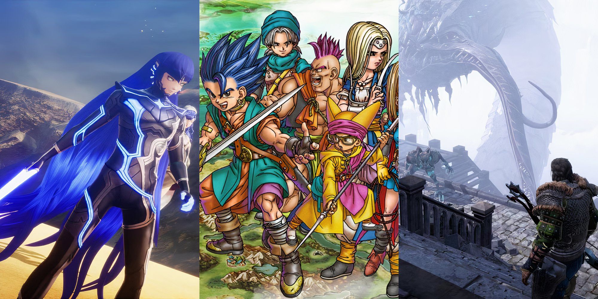 Nahobino from SMT V on left, Dragon Quest 6 feature art in middle, Facing Monster in Divinity Original Sin 2 on right