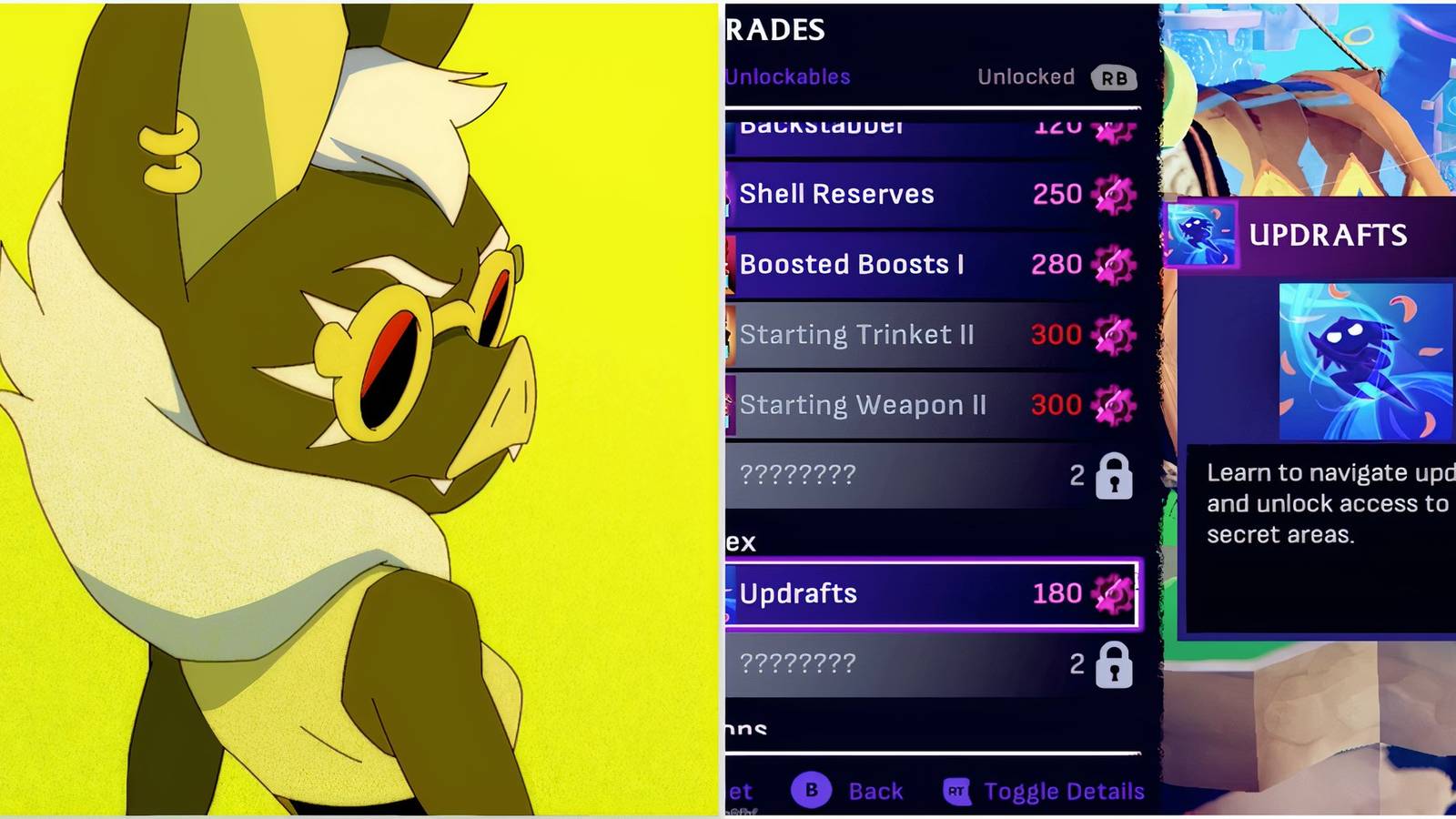 The bat hero and Updrafts upgrade in Windblown