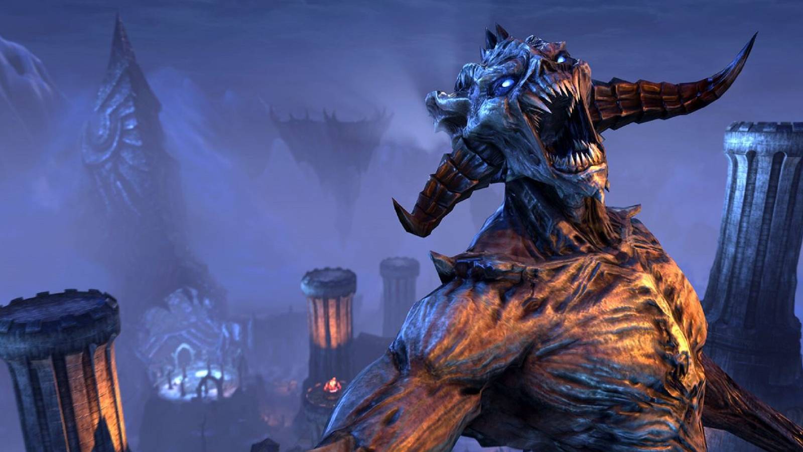 Daedra roars with mountains and towers in the background in The Elder Scrolls Online