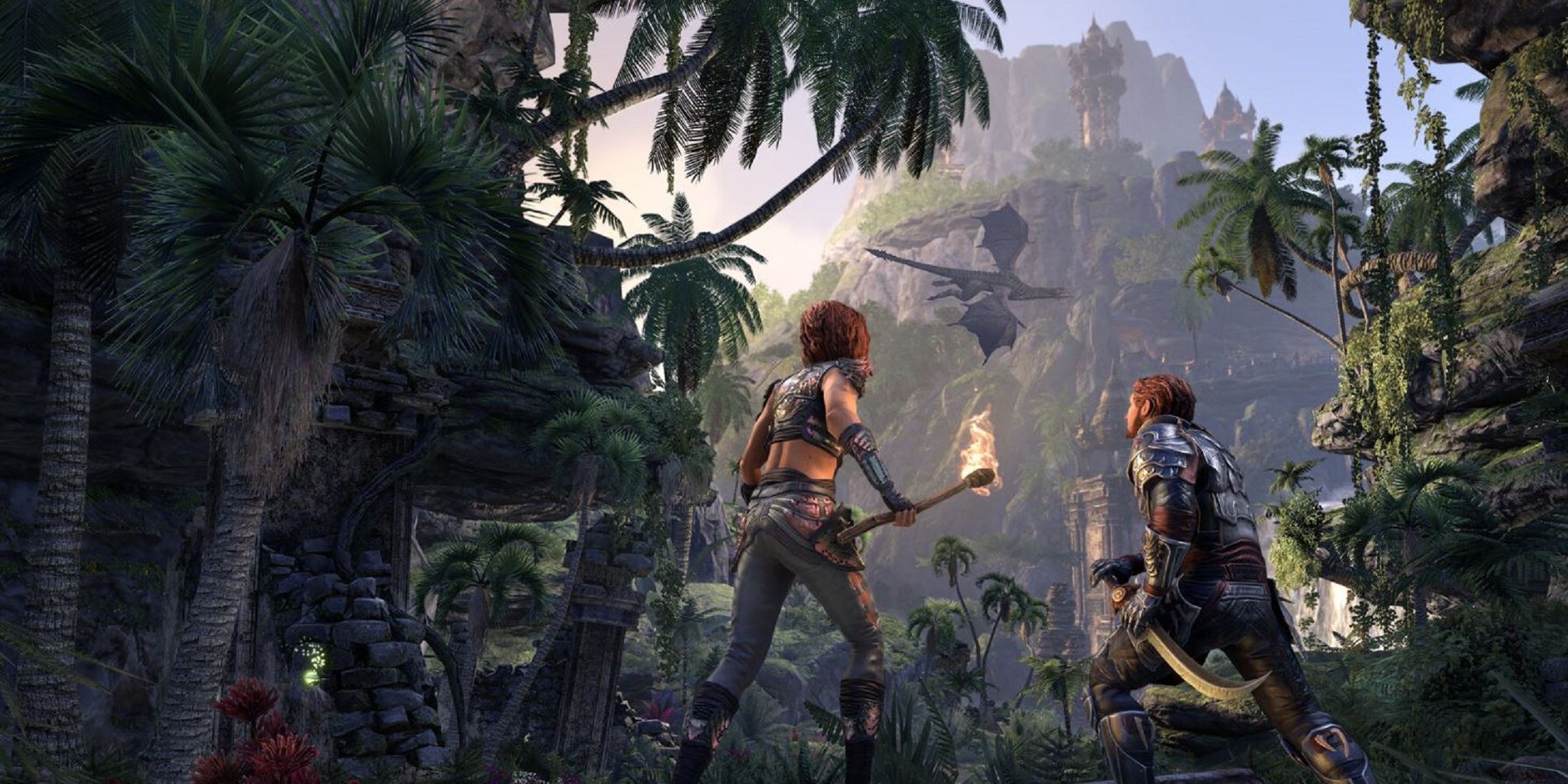 Two characters in a lush jungle landscape in The Elder Scrolls Online