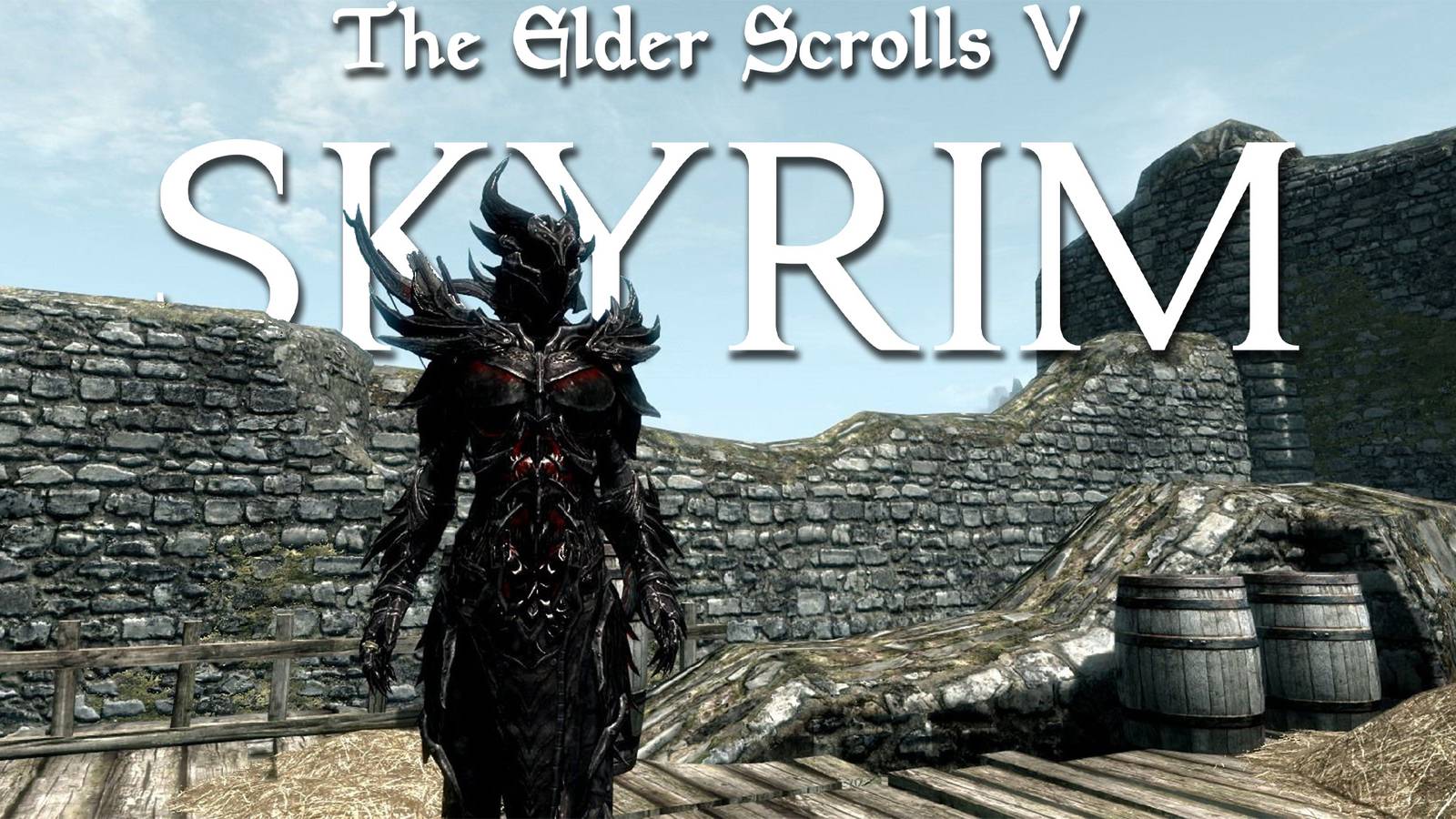 The Elder Scrolls 5 Skyrim logo behind character in full Daedric armor 2x1 composite
