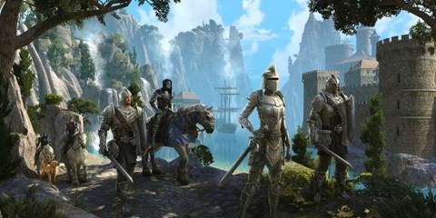 Knights on horseback stand in front of a majestic castle