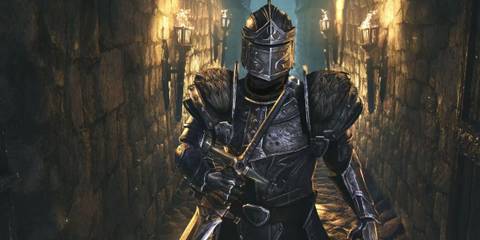 A heavily armored warrior wields a sword in a torch-lit corridor