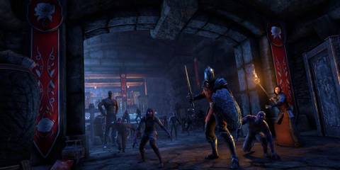 A knight battles enemies in a dark dungeon adorned with banners