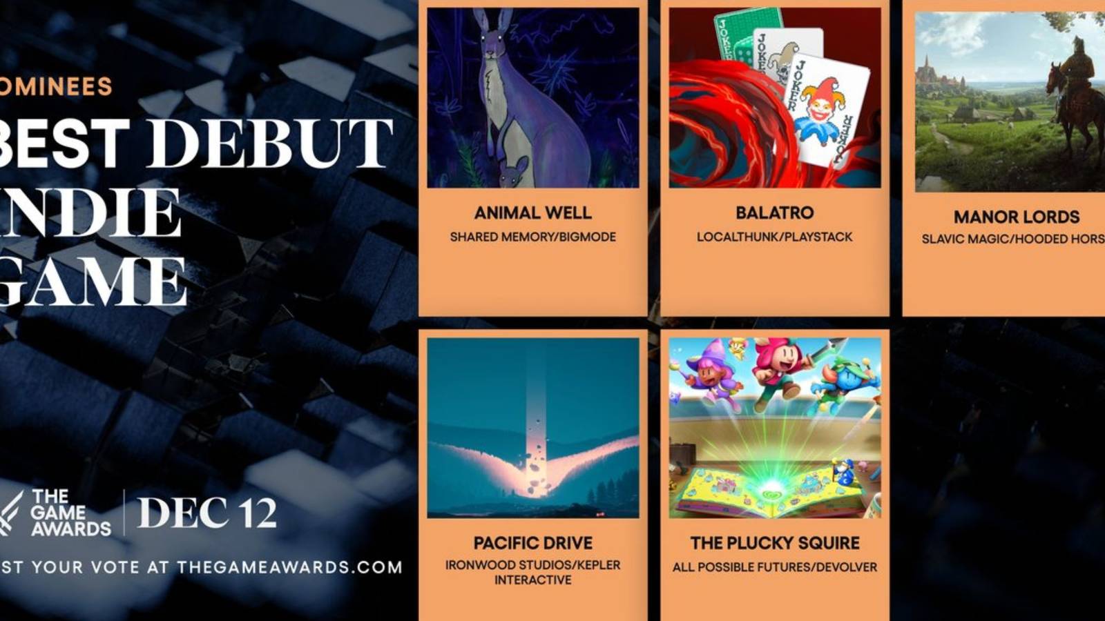 Official promotional image of the nominees for Best Debut Indie Game at The Game Awards 2024