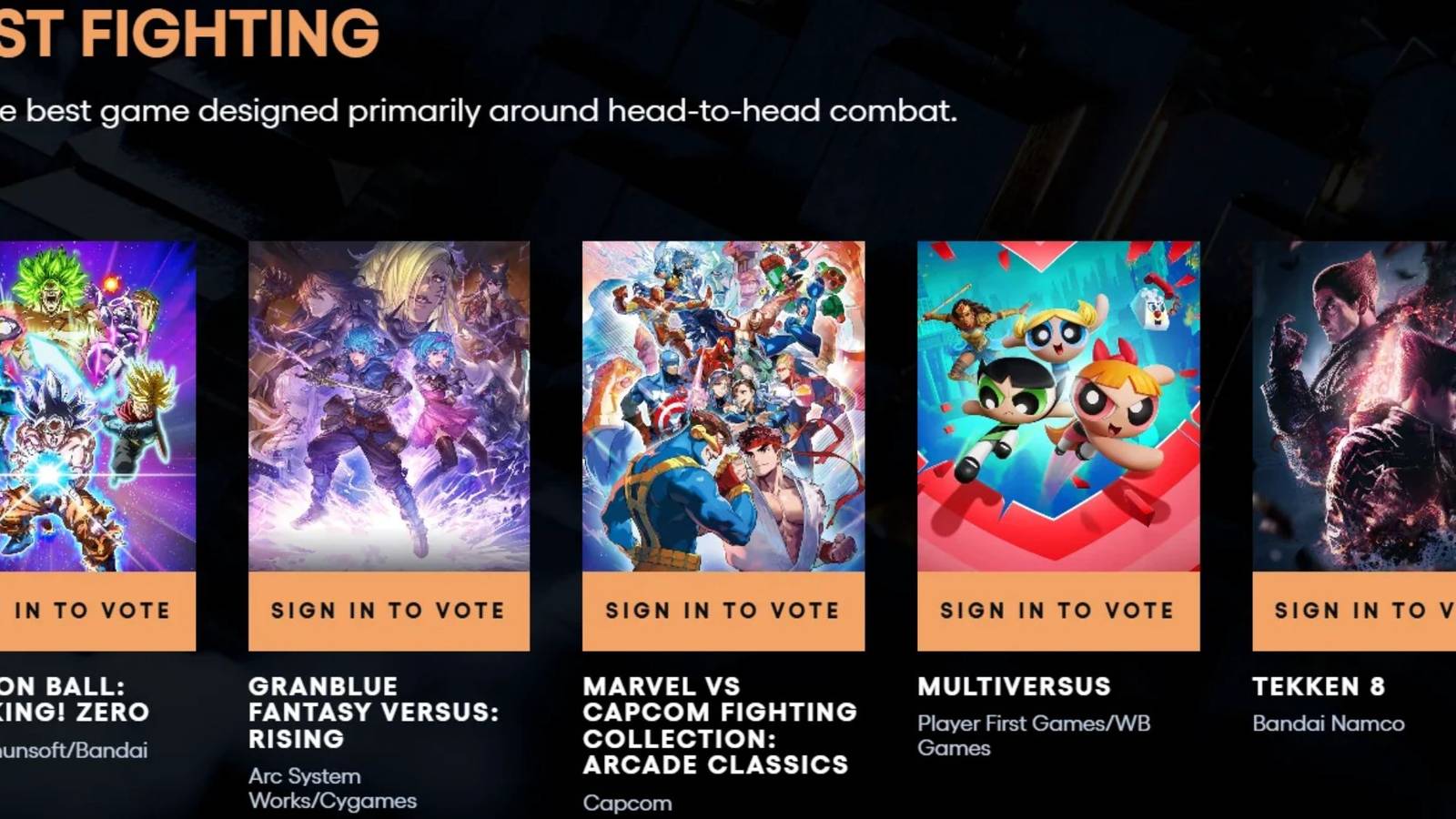 Official image announcing the nominees for the Best Fighting Game award in The Game Awards 2024