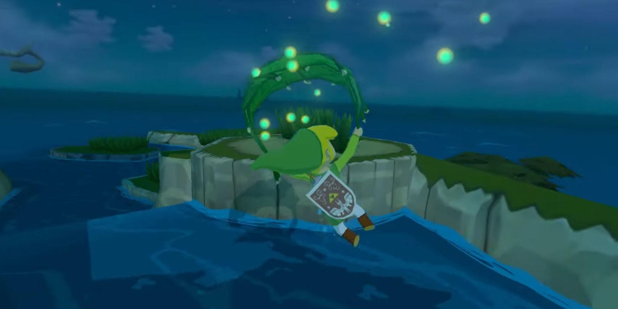 Link floating with his glider in The Legend Of Zelda: The Wind Waker HD