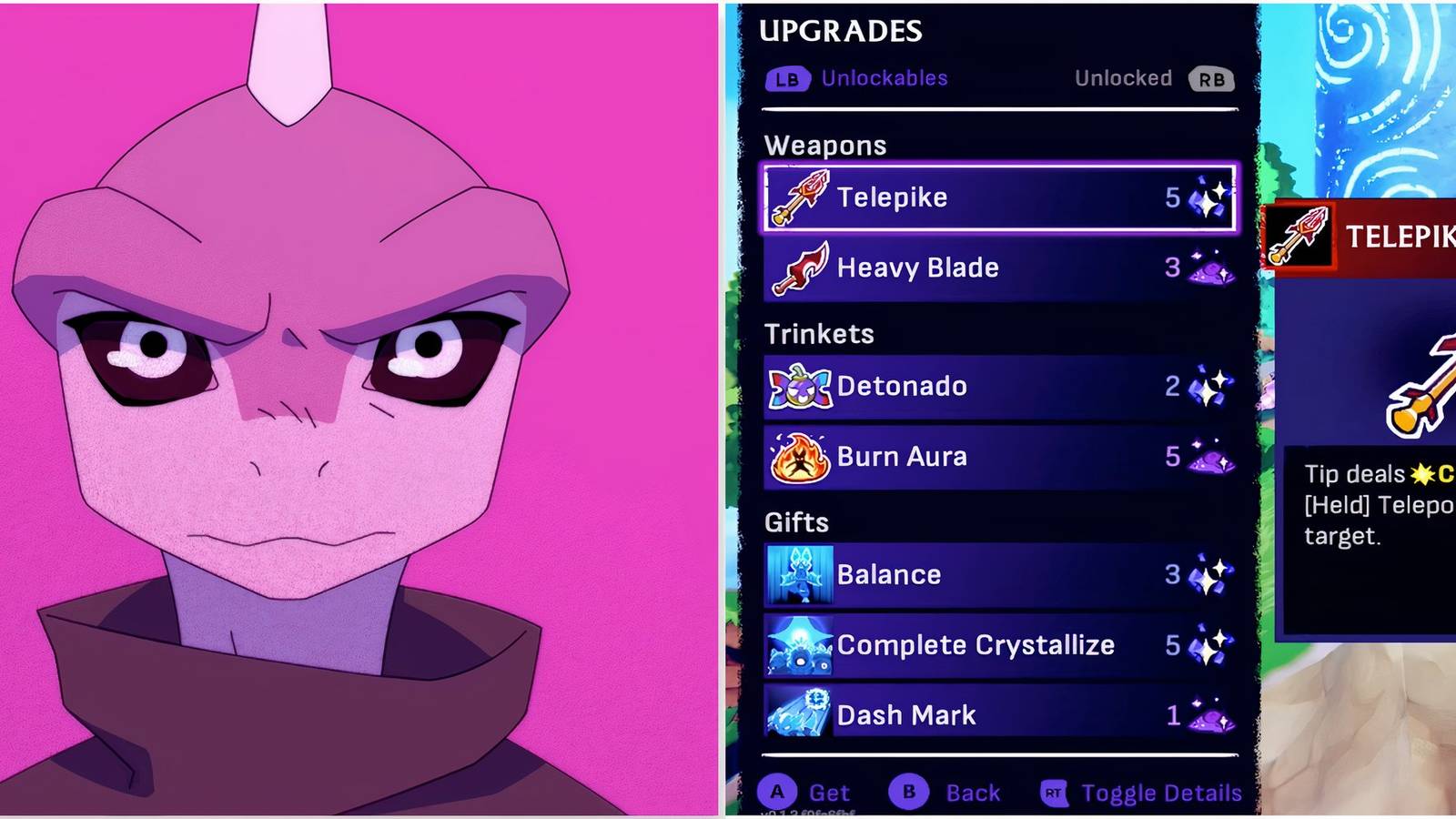 The lizard hero and Telepike weapon in Windblown