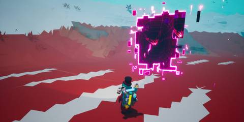 The player standing next to a portal in astroneer