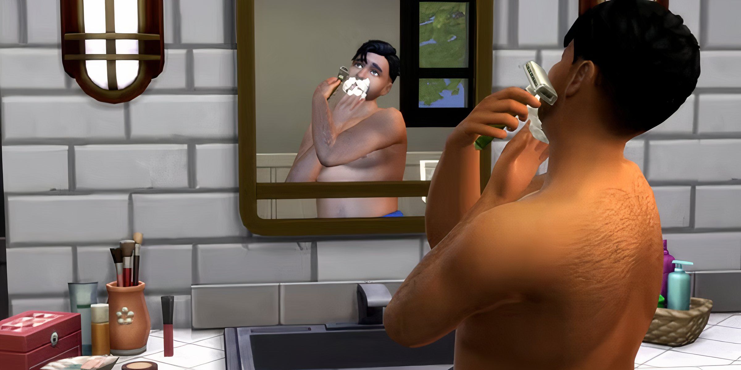 A Sim shaving in front of a mirror