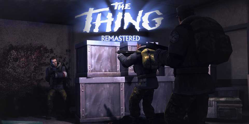The Thing Remastered armed soldiers next to crates promo gameplay screenshot with game logo 2x1 composite