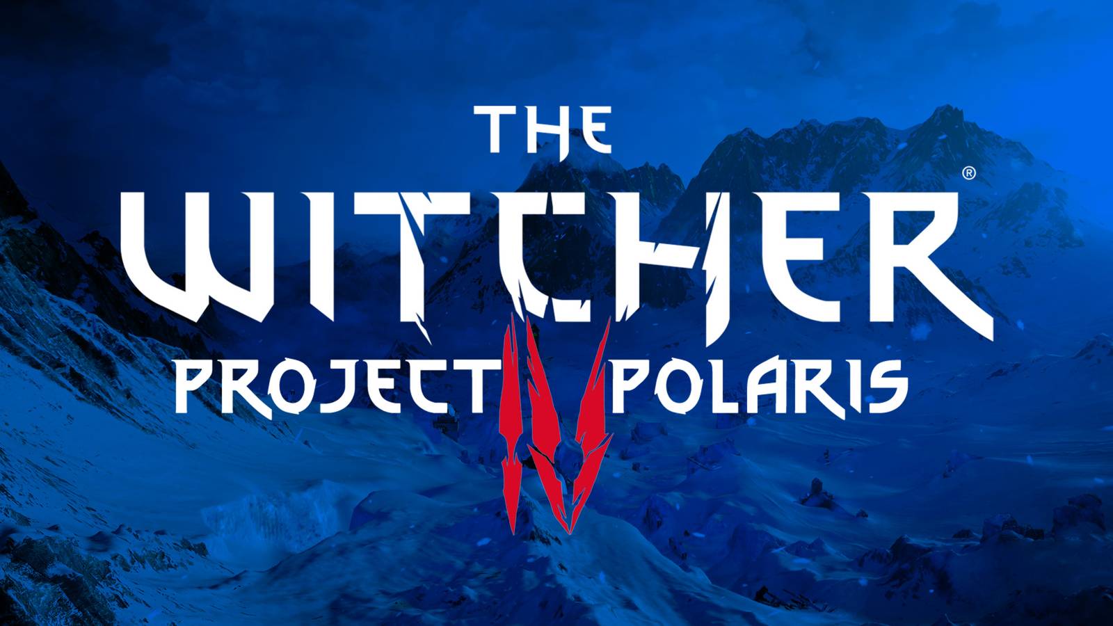 The Witcher 4 Project Polaris white logo over TW3 snowy landscape background