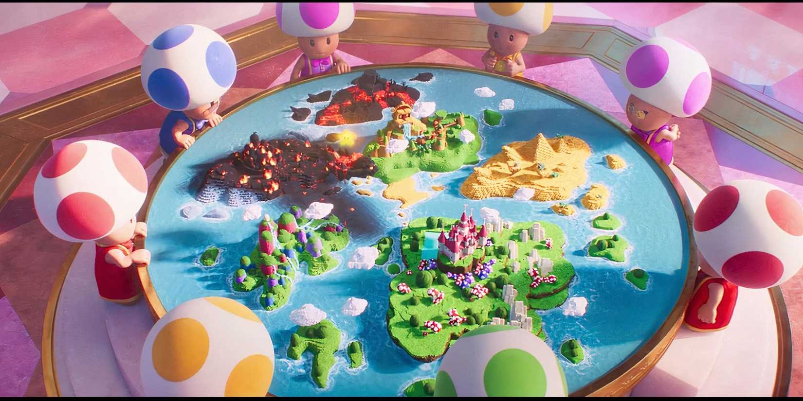 Toads survey the Map of the Mushroom Kingdom in The Super Mario Bros Movie