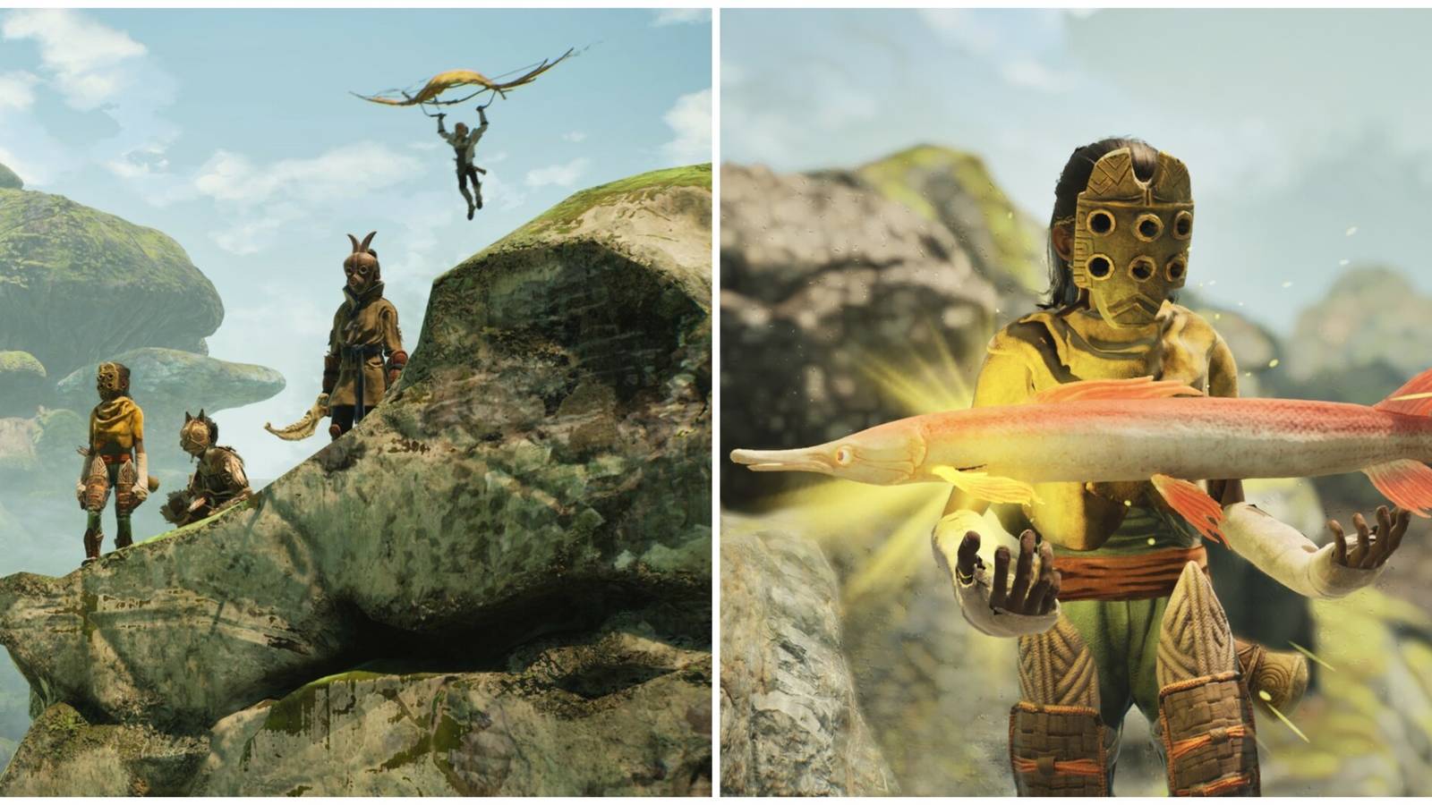 Split image of some characters exploring and a character fishing in Towers of Aghasba