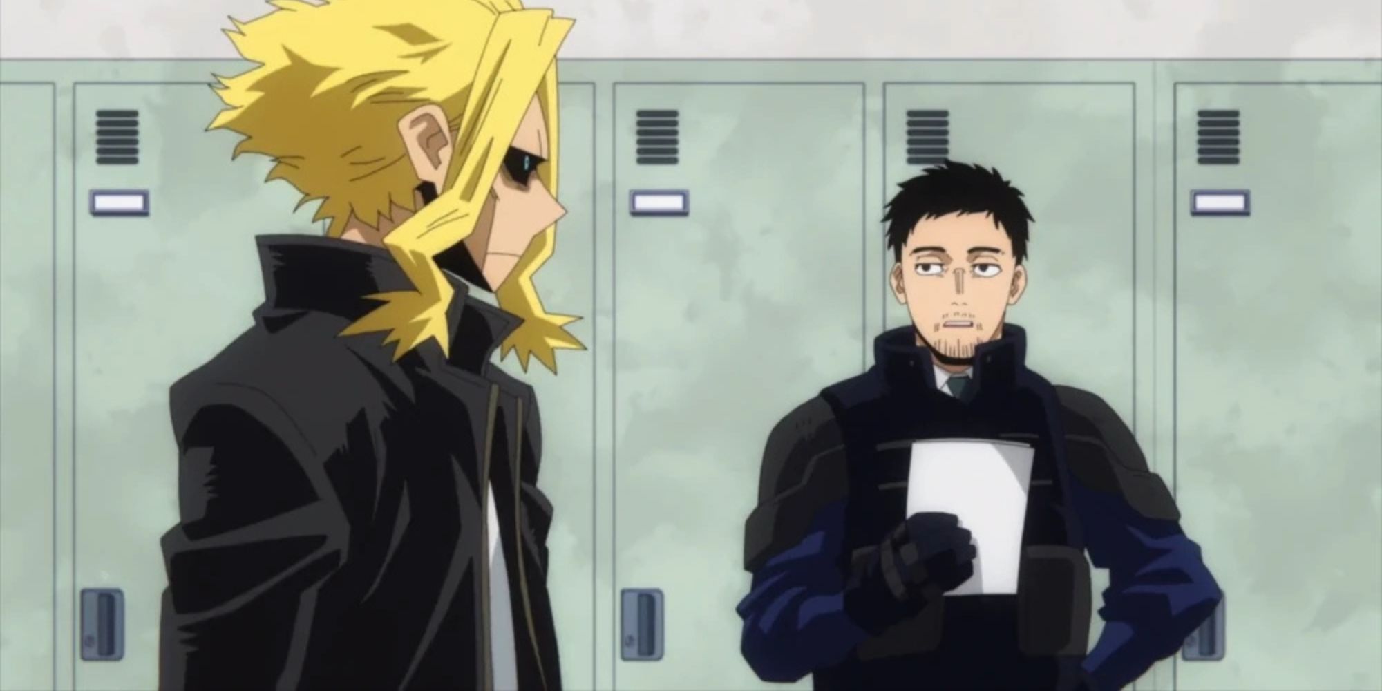 Tsukaichi discusses Stain's information with All Might.