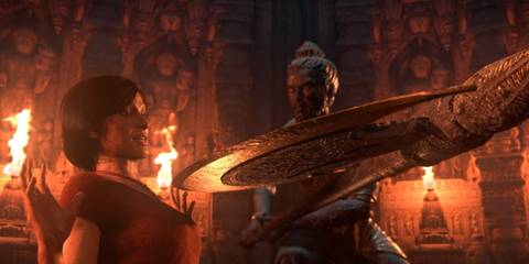 Chloe Frazer navigating through temple in Uncharted