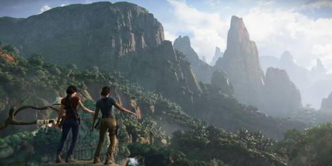 Uncharted female characters lost in a huge landscape of mountains
