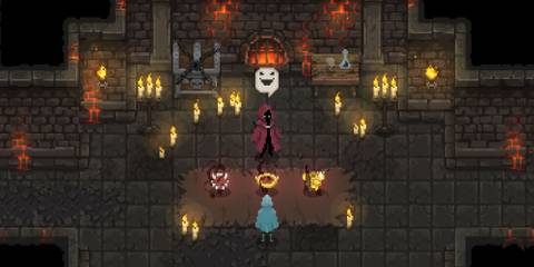 A wizard talking to a merchant in Wizard of Legend