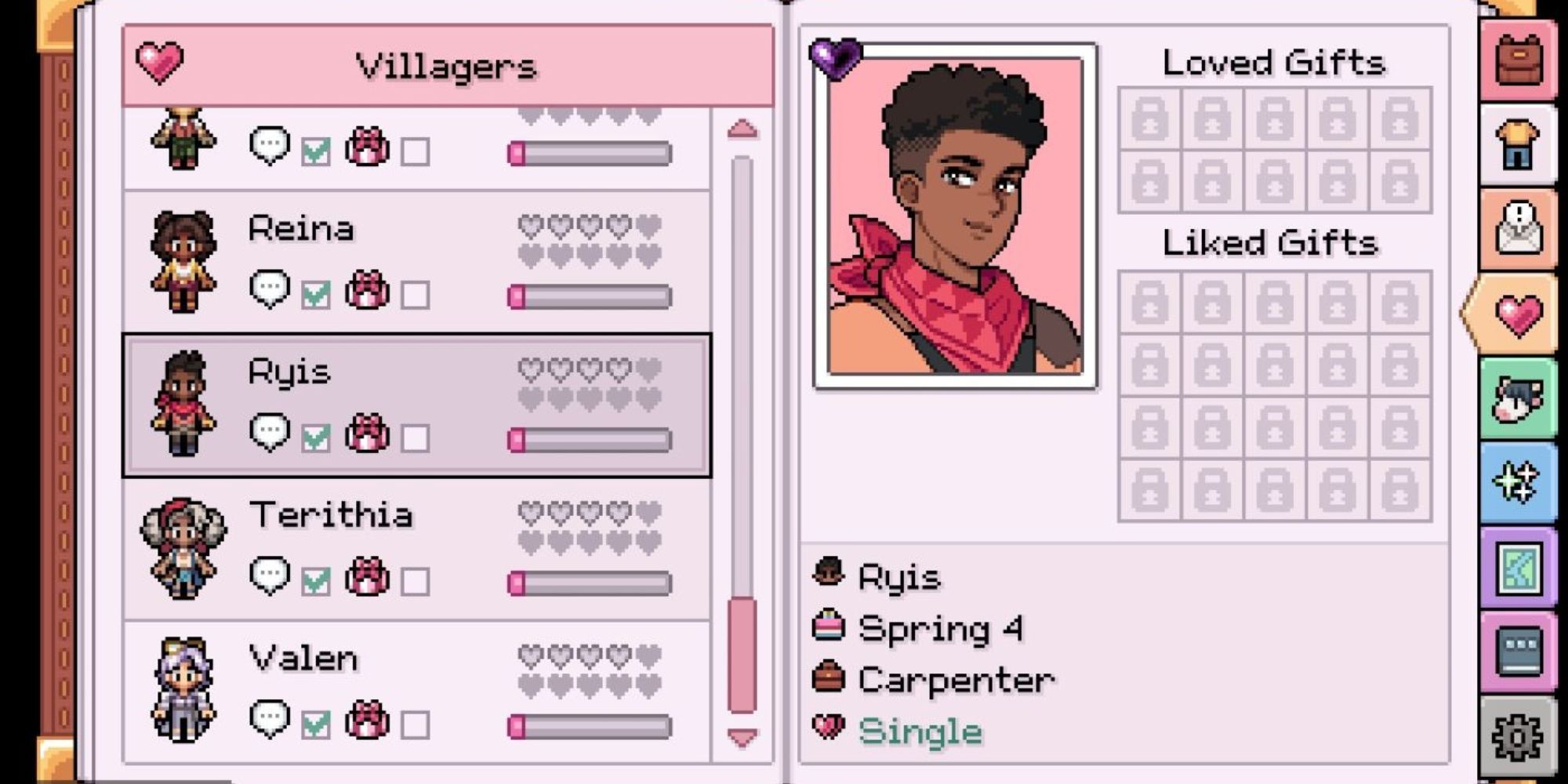 Ryis character sheet in Fields of Mistria 