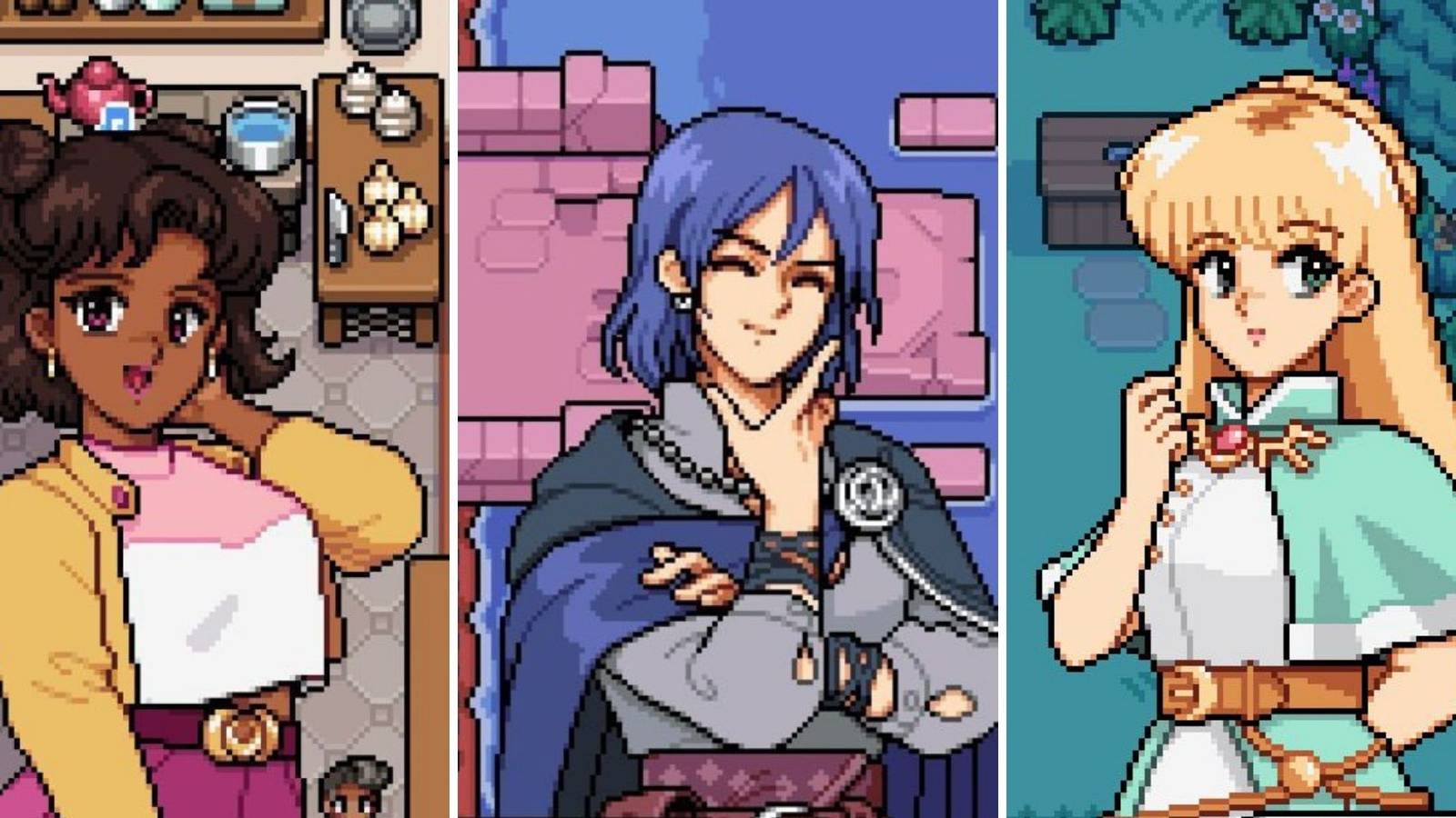 A grid showing three of the romances in Fields of Mistria