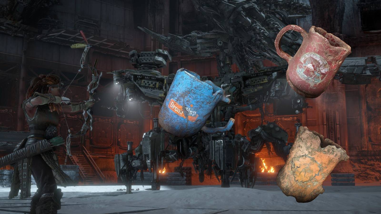 Aloy with several Ancient Vessels in Horizon: Zero Dawn