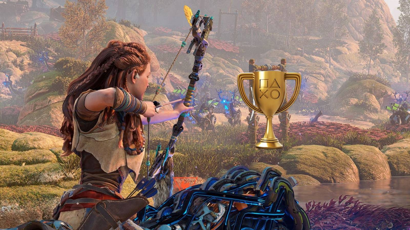 Aloy aiming her bow at a gold trophy in Horizon: Zero Dawn