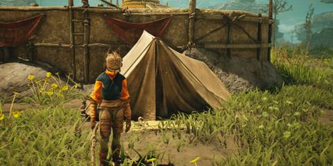 A player standing in front of their tent in Towers of Aghasba