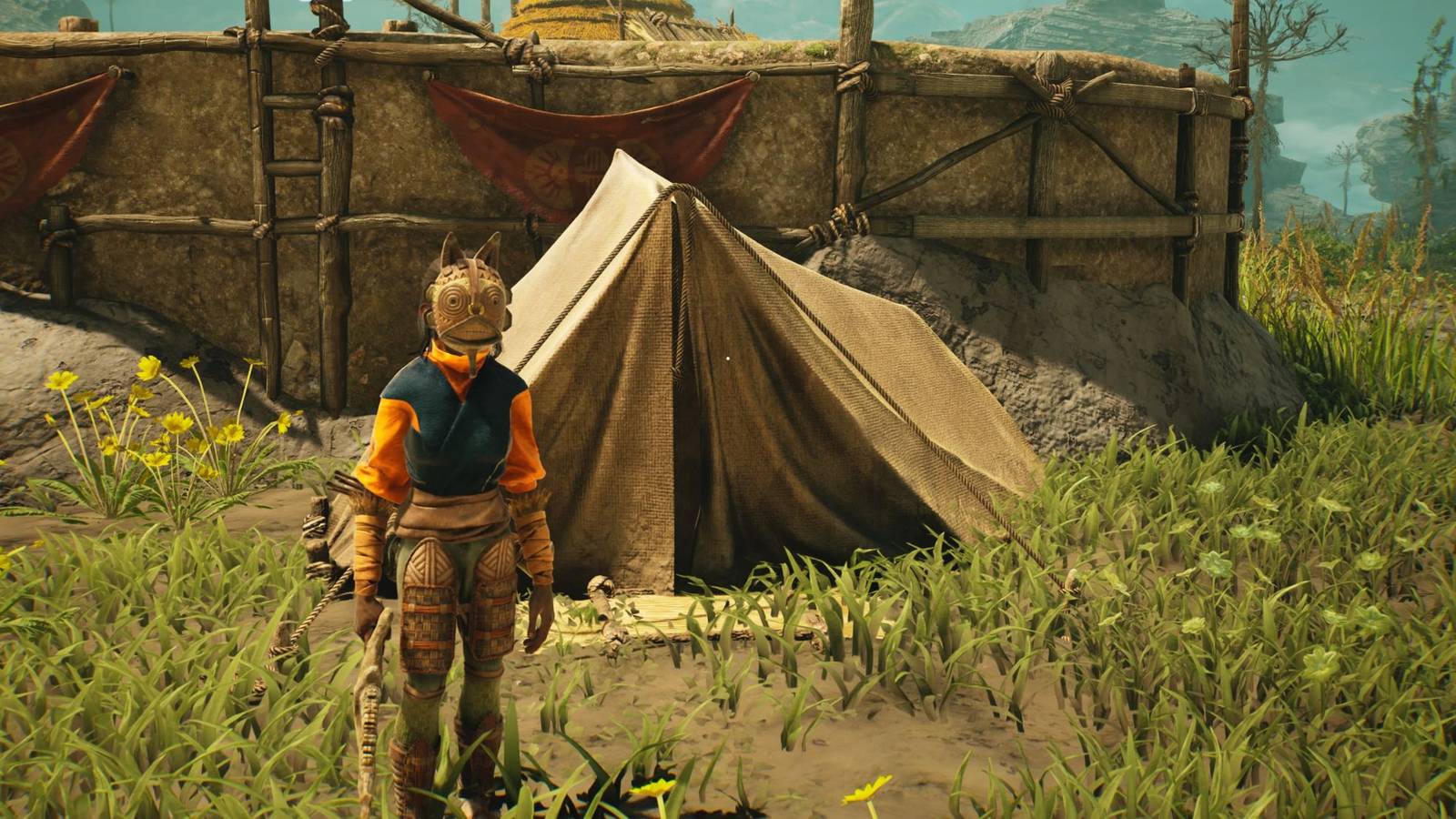 A player standing in front of their tent in Towers of Aghasba