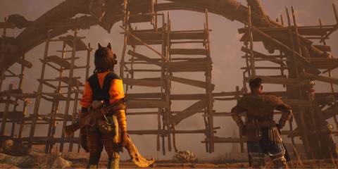 The main character standing in front of a construction site in Towers of Aghasba