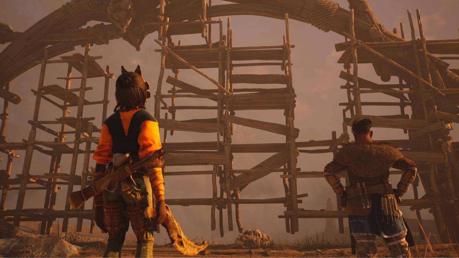 The main character standing in front of a construction site in Towers of Aghasba