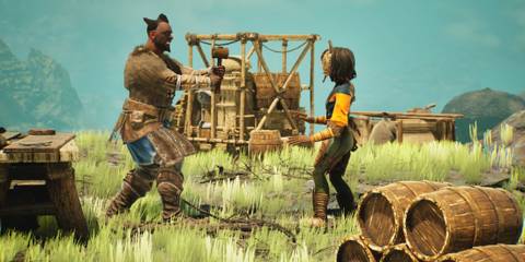 Two characters from Towers of Aghasba interacting