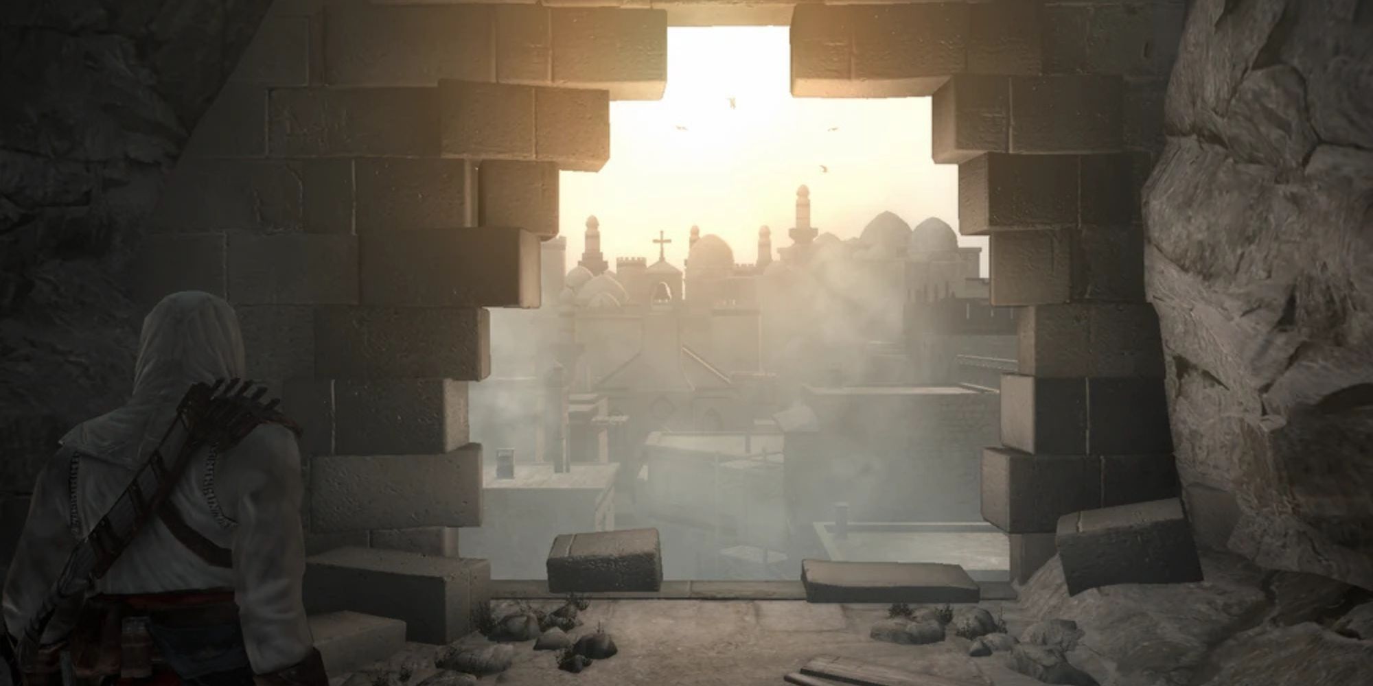 Altair looking at Jerusalem through a hole in the wall in Assassin's Creed