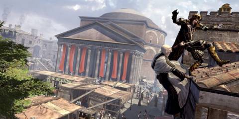 Someone being pulled off a roof in Rome, in Assassin's Creed Brotherhood