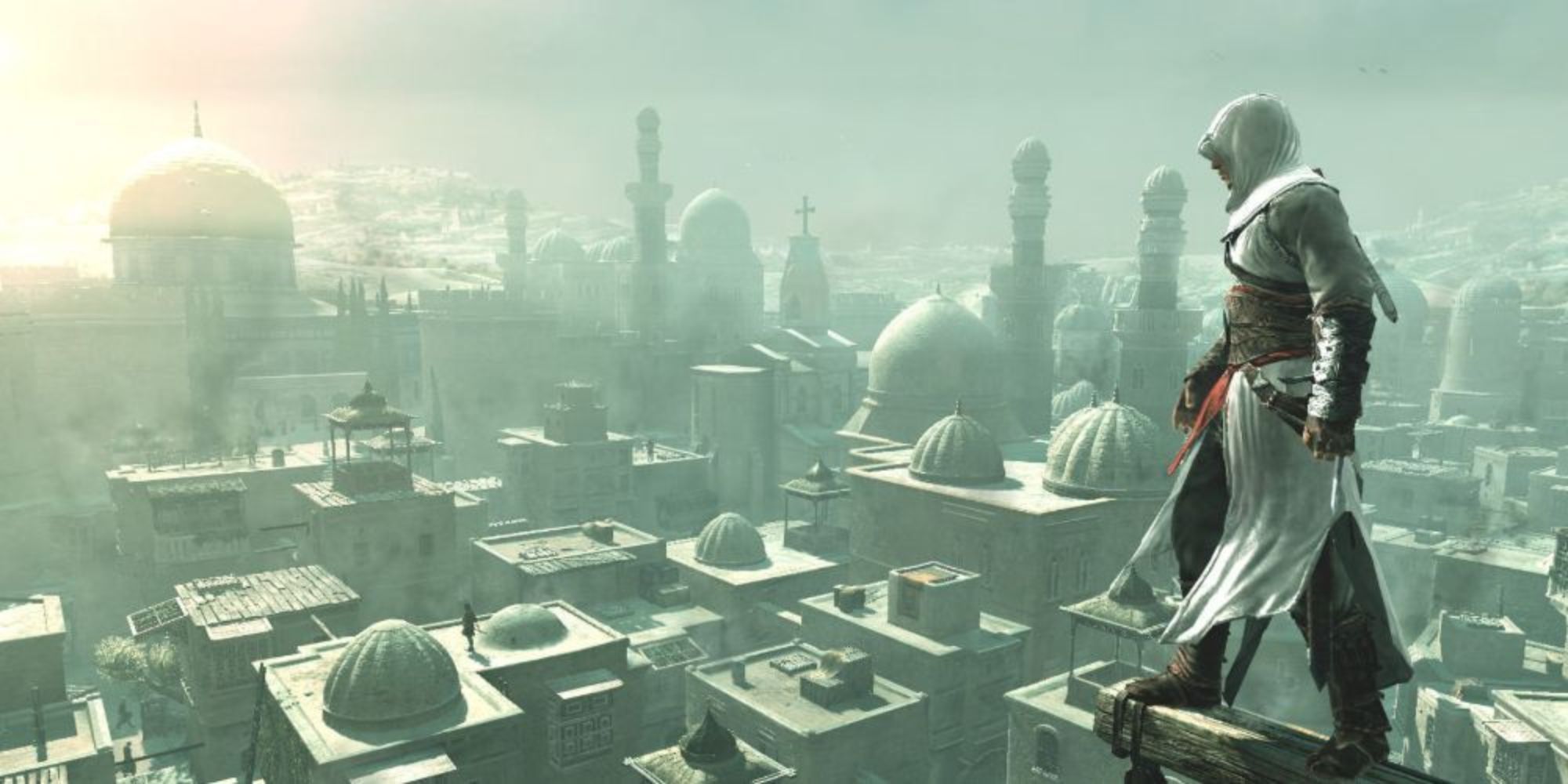 Altair looking out at Jerusalem in Assassin's Creed