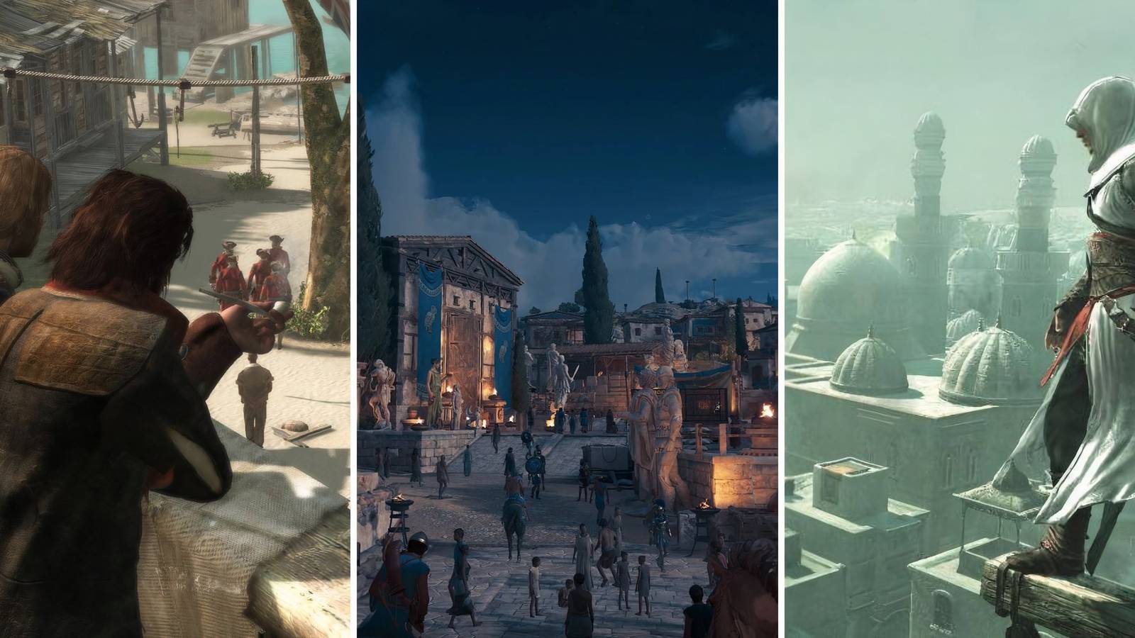 A grid showing the cities in the Assassin's Creed games of Assassin's Creed Black Flag, Assassin's Creed Odyssey, and Assassin's Creed