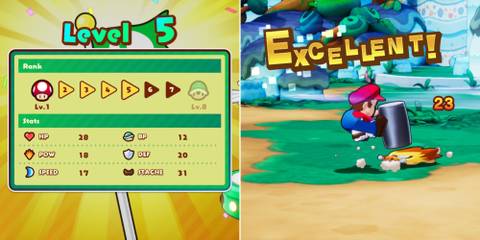 The Level Up Menu & Mario Using A Hammer On An Enemy