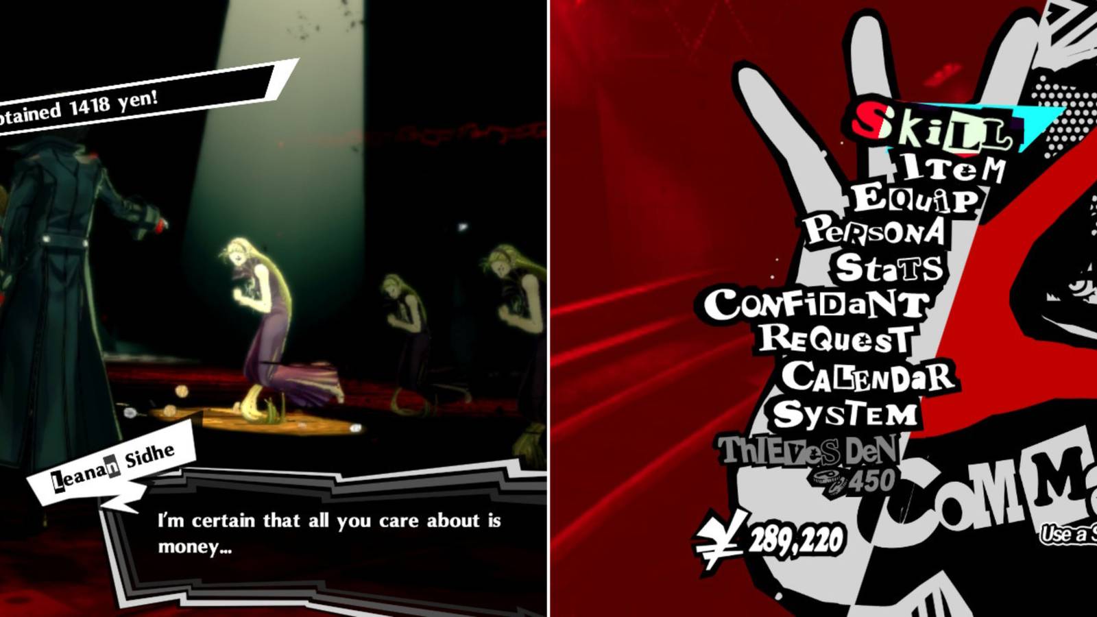 The Player Interrogating A Shadow & The Player's Inventory With Yen Count