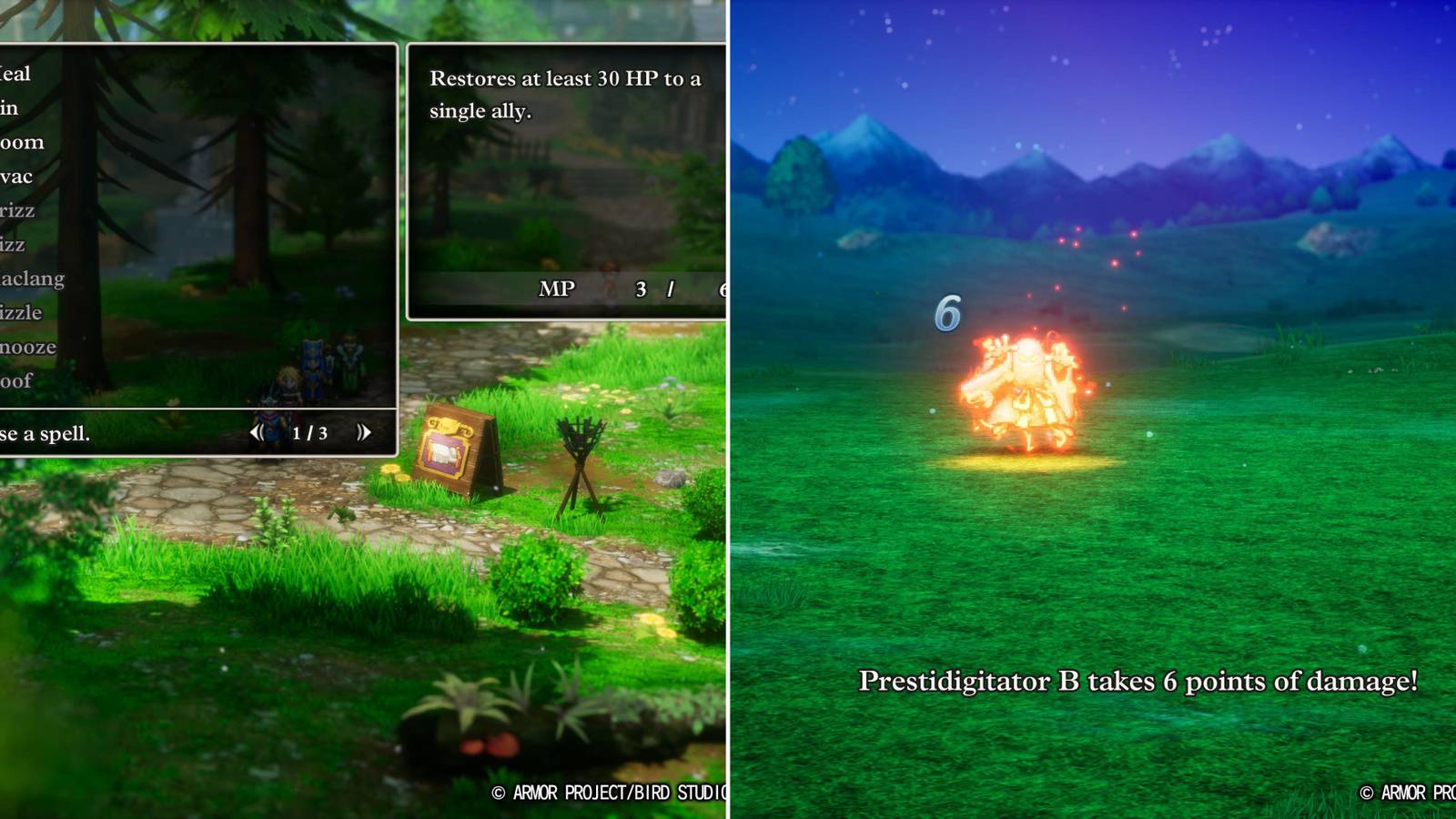 The Heal Spell In The Menu & A Character Using Frizz In Combat 