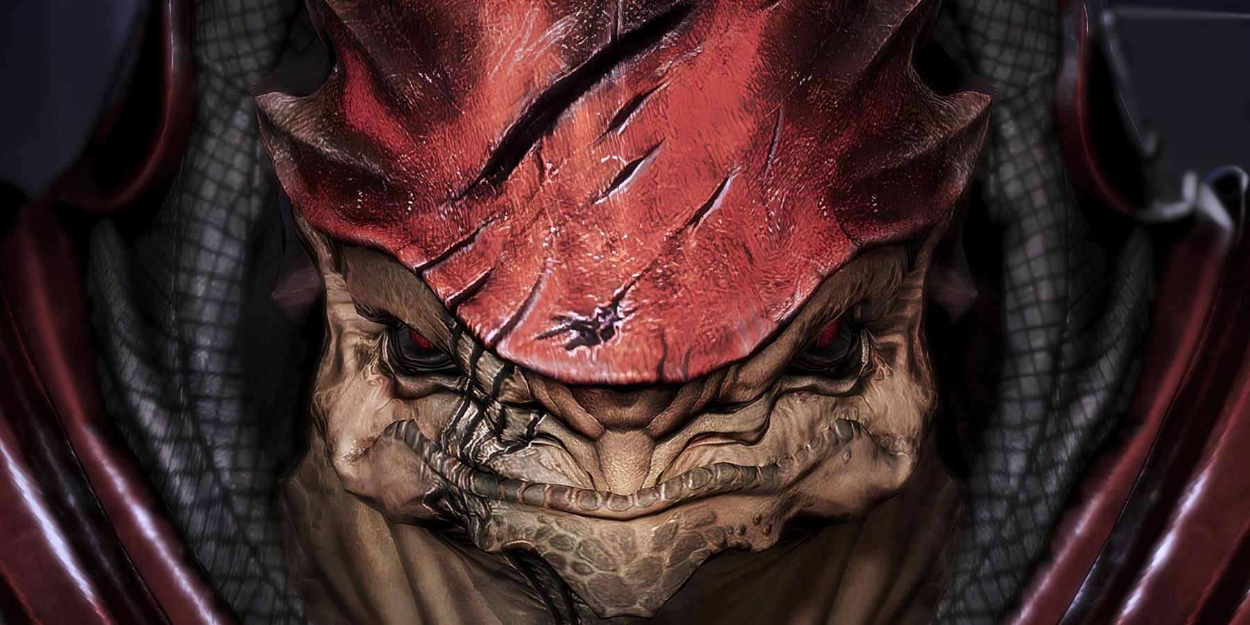 Urdnot Wrex, who must be in the Mass Effect TV series, showing his scarred Krogan face